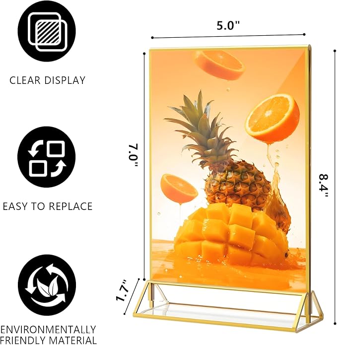 Acrylic Sign Holder, 5 x 7 Inch Gold Frames, 8 Pack Double-Sided Gold Display Stand Picture Frames, Table Signs Holders for Table Menus, Offices, Weddings, Flyers and Photo Frame (8 PCS)