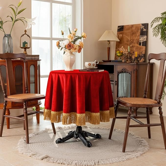 F-CHU Red Tablecloth Thickset Velvet Tablecloth with Beautiful Gold Tassels Vintage Table Cloth for Home Decor Wedding, Party, Banquet and Events 48" Round