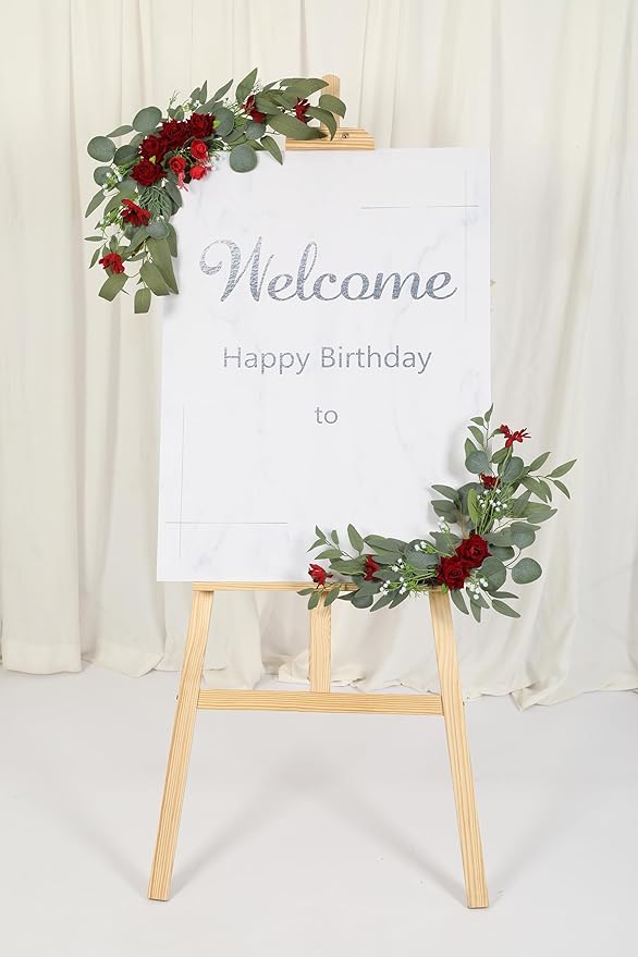 H&W 2pcs Artificial Wedding Arch Flowers for Wedding Sign, Floral Swag Dusty Decor for Reception Ceremony Backdrop Sweetheart Table （Red Rose）