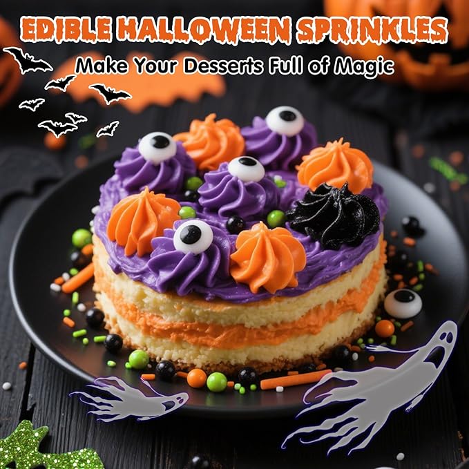 Edible Halloween Sprinkles,Black White Eyes Purple Green Orange and Black Pearls and Jimmies Mixed,130g/4.58ounce,Monster Sprinkle Perfect for Cake Decorations, Baking, Ice Cream, Cookies, Cupcake Topper,Halloween Supplies Children's Party