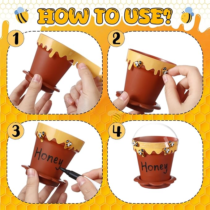 60 Sets Mini Honey Bee Pots with Lids, Spoon, Saucers and Bee Charms, 6.76 OZ Plastic Honey Jars for Cupcake Dessert Themed Party Favor Planter Baby Shower Birthday Wedding Decoration (Brown)