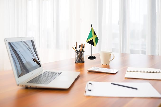 Jamaica Jamaican Deluxe Desk Flag Set, Small Mini Miniature Jamaica Jamaican Table Desktop Flags With Solid Pole, Black Base and Spear Top(2 Pack)