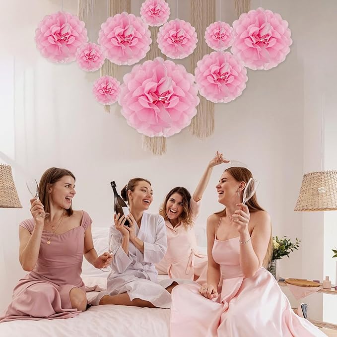 Tissue Paper Pom Poms, Pink Tissue Paper Flowers, Hanging Flower Balls for Weddings Fiesta Parties Birthday Baby Showers Classroom Bridal Shower Decoration (20Piece Set-6/10/12/14Inch)