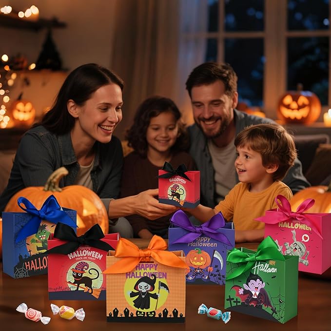 24PCS Halloween Goodies Bags, Trick or Treat Candy Gift Paper Bags Bulk with Ribbons, Halloween Treat Boxes for Kid, Party Favor, Classroom Exchange, Home Decoration 4.5 x 3.9 x 1.7 Inches