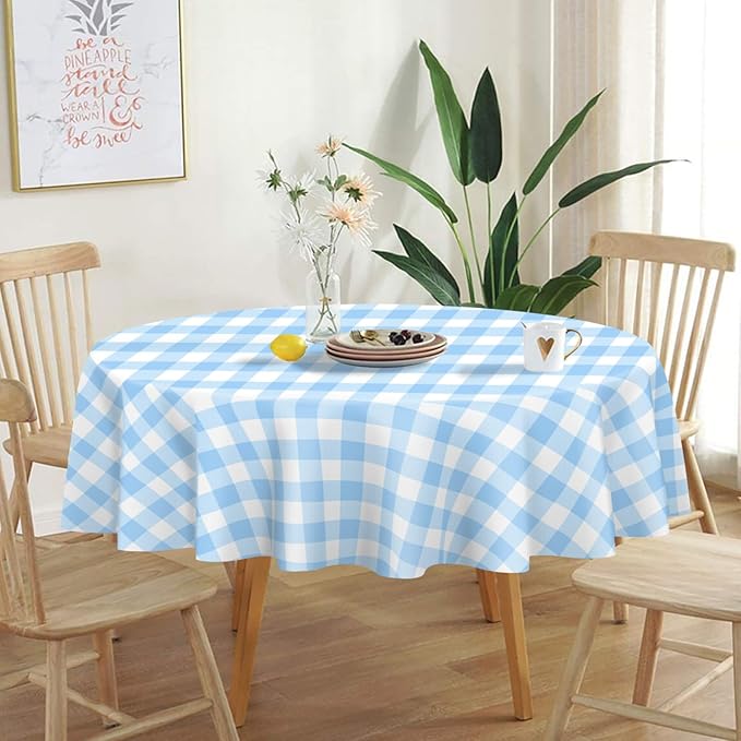 QIKSION Blue Gingham Round Tablecloth 6 Pack, 84 Inch Plastic Checkered Table Cover Disposable for Parties