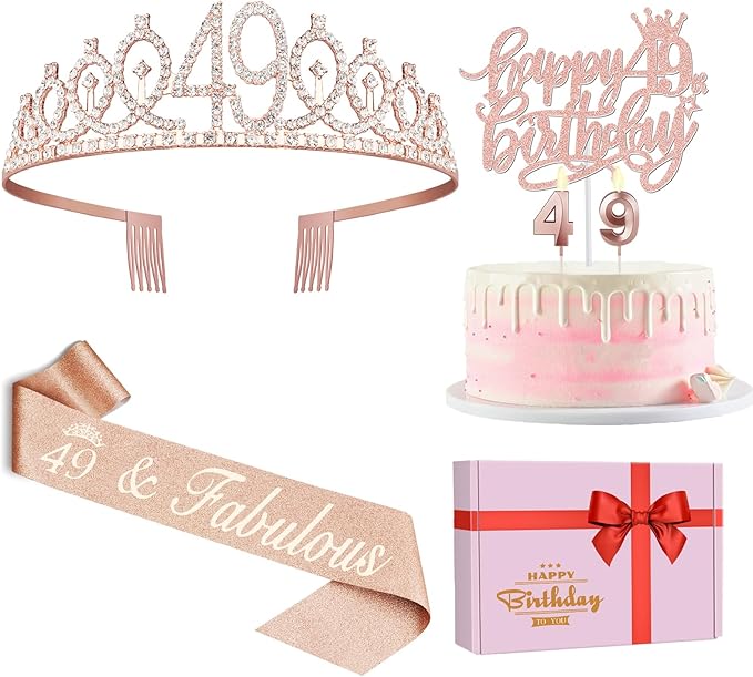 49 Birthday Decorations for Women Including Birthday Sash and Tiara, Cake Topper and Candles, 49 Year Old Gifts for Women, Rose Gold Party Favor Supplies