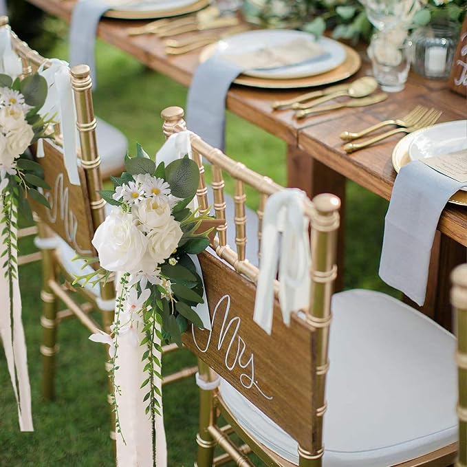 Wedding Aisle Decorations Set of 8 Chair Back Flowers Floral Pew Wedding Decorations for Ceremony with Chiffon Ribbons Fall Decor