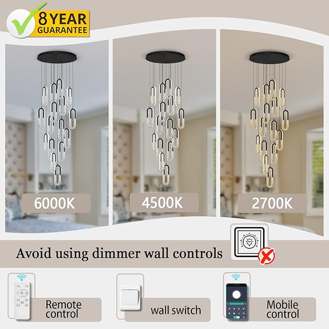 Large Staircase Crystal Chandeliers 16-Light Modern foyers Entrance 150" Long Chandeliers for High Ceilings Dimmable 2700K-6000K