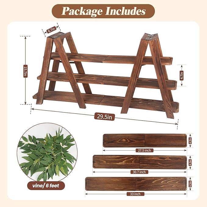 Wooden 3-Tier Cupcake Stand with Removable Trays & Vine Decoration – Foldable Party Display Serving Ladder with Platter for Cake, Snacks, Fruits, Chips, Bread
