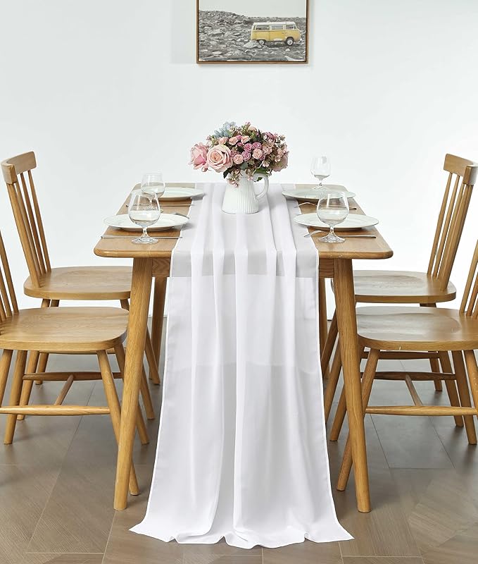 2 Pack 10Ft White Chiffon Table Runner Sheer 29x120 Inch for Romantic Wedding Decor Bridal & Baby Shower Birthday Rustic Party Decoration