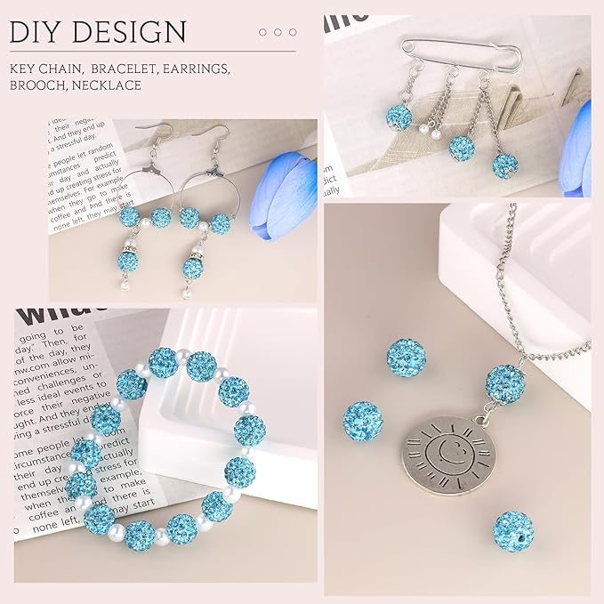 200pcs 10mm Aquamarine Rhinestone Beads for Jewelry Making, Shiny Round Shamballa Disco Ball Beads Bulk, Sparkle Crystal Clay Christmas for Bracelet Baseball Necklace Earring Crafting and DIY