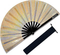 Large Rave Fan, Clack Folding Hand Fan with Premium Fabric, Thick Bamboo Frame for Men Women Gift for EDM, Festival, Club, Party, Dance, Decoration (Lridescent Beige, 13")