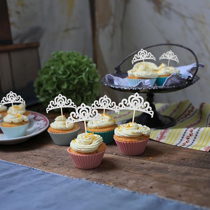 Gyufise 24Pcs Silver Princess Crown Cupcake Toppers Glitter Princess Cake Pick Decorations for Wedding Girl Birthday Baby Shower Party Decorations