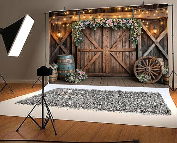 7x5ft Country Wedding Photography Backdrop Rustic Barn Door Photography Backdrop Farmhouse Pink Flower Cabin Wooden Birthday Baby Shower Wedding Bridal Party Banner Photo Booth Props Background
