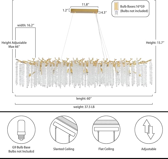 YUYI Gold Crystal Chandelier, Modern 60" Rectangular Chandeliers for Dining Room,K9 Large Luxury Flush Mount Chandelier for Foyer Living Room,Kitchen Island Hanging Light Fixture