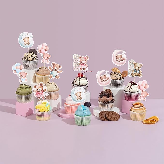 Gyufise 32Pcs Baby Shower Bear Cupcake Toppers Moon Baby Bear Baby Shower Cake Topper Decorations Jungle Animal Theme Birthday Party Cake Supplies Blue Pink
