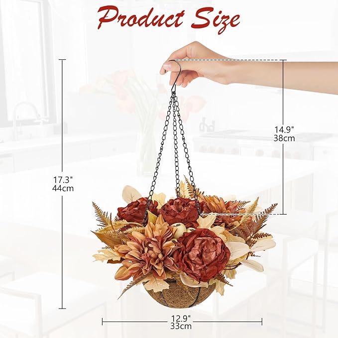 Hollyone Fall Hanging Baskets Peonies Artificial Flowers Fall Hanging Decor Peonies Flowers Faux Plants Baskets for Indoor Outdoor Fake Peony for Porch Patio Garden Autumn Decorations for Home