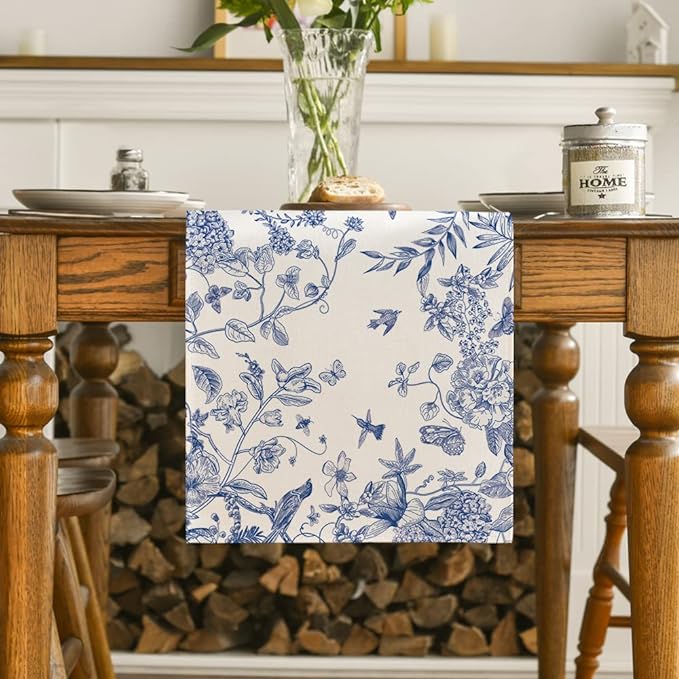 Artoid Mode Monochrome Sketch Birds and Flowers Spring Table Runner, Seasonal Summer Fall Kitchen Dining Table Decoration for Home Party Decor 13x36 Inch
