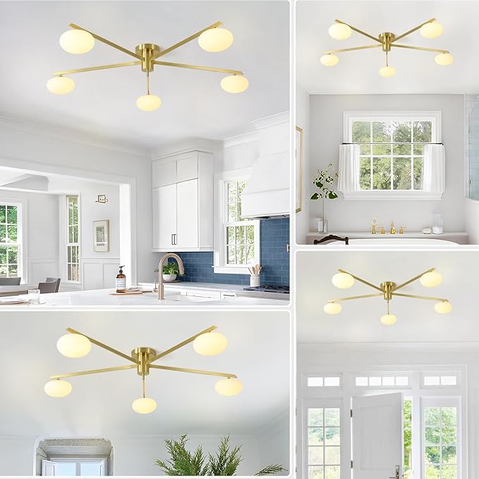 5 Lights Industrial Semi Flush Mount Ceiling Light Fixture Gold Modern Sputnik Chandelier Ceiling Light Fixtures Globe Sputnik Ceiling Lamp Glass Close to Ceiling Light Fixtures MCL05-GD