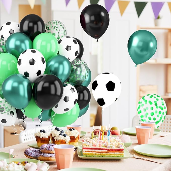 Metallic Chrome Soccer Balloons - 52 PCS 12 Inch Dark Green, Light Green, Black with Soccer Print, Confetti for Sports Theme Party Decorations