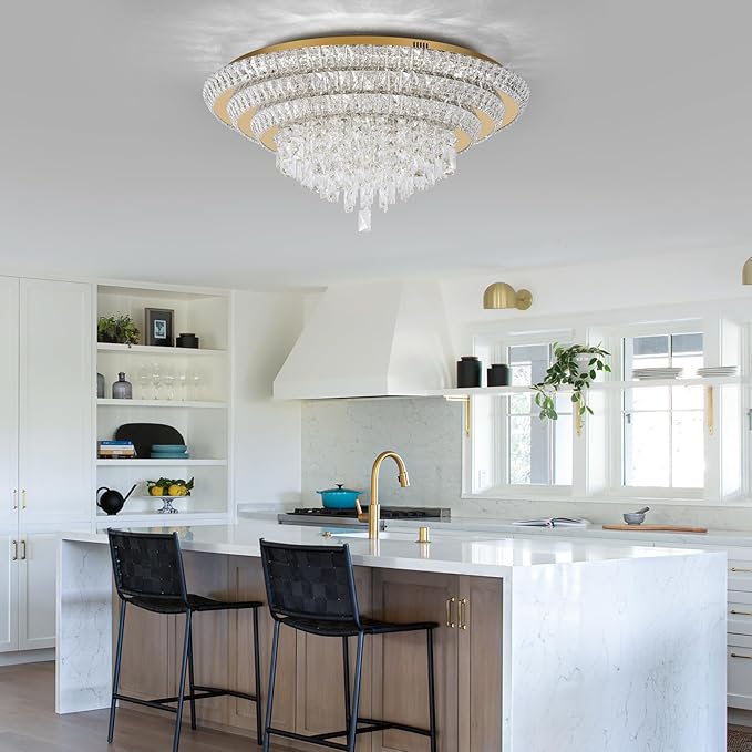30 inch Crystal Gold Ceiling-Light Flush Mount with Remote Control and APP, 3CCT Dimmable & Brightness Adjustable, Modern Crystal Raindrop Chandeliers for Bedroom Hallway Dinning Room Living Room