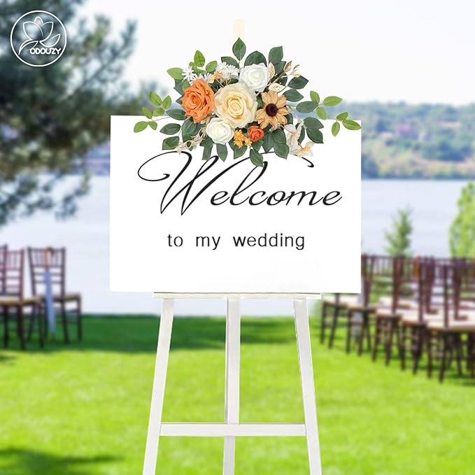 Wedding Arch Flowers Kit,Artificial Flower Arch Decor (Set of 3),2pcs Artificial Flower Arrangement with 1pc Sheer Drape for Wedding Decor Reception Backdrop Floral Decorations (Coffee Orange)