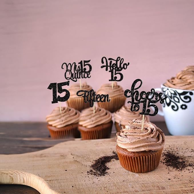 30Pcs 15th Birthday Cupcake Toppers Fifteen Cupcake Picks Cheers to 15 Years Old Mis Quince 15 Cake Decorations for 15th Birthday Anniversary Party Black Glitter