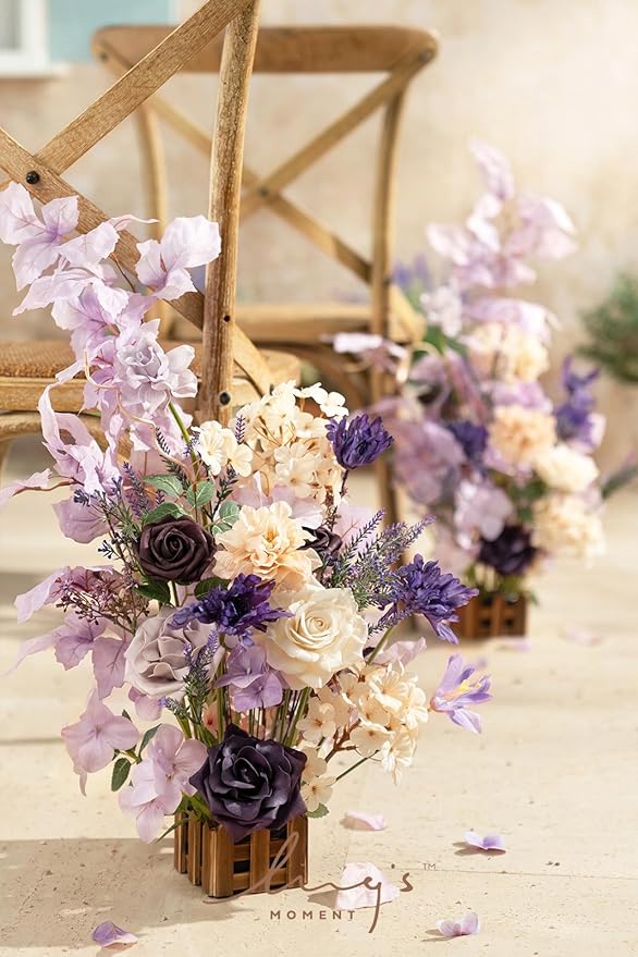 Ling's Moment 17.5" Tall Standing Artificial Flowers Arrangements 4 pcs Wedding Aisle Runner Chair Decorations French Lavender Plum Centerpieces Ceremony Reception Rose Floral Party Outdoor