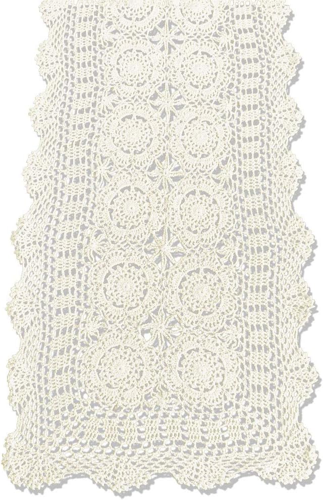 KEPSWET Cotton Handmade Crochet Lace Table Runner Beige Rectangle Coffee Table Dresser Decor (14x60 inch)