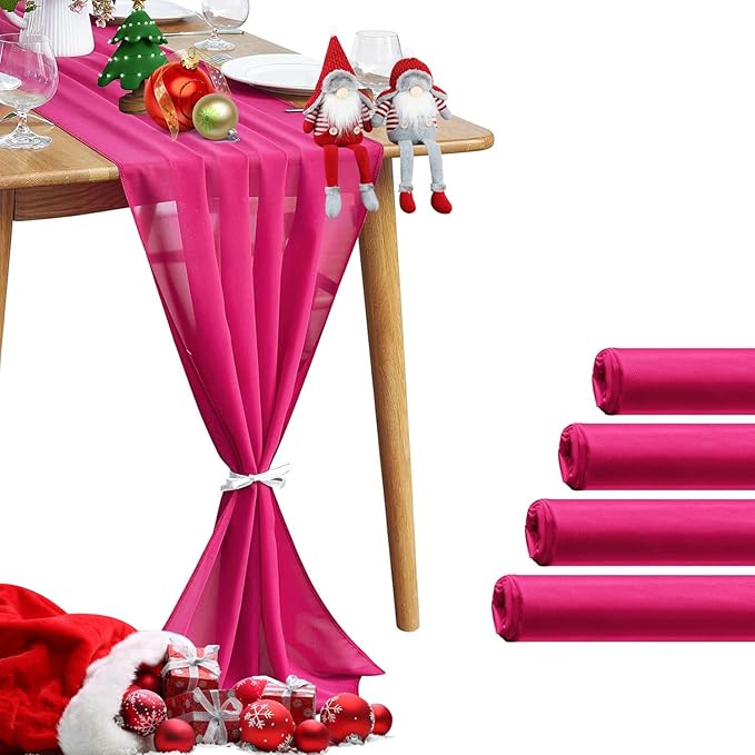 5 Pack 10Ft Fuchsia Chiffon Table Runner Sheer 29x120 Inch for Romantic Wedding Decor Bridal & Baby Shower Birthday Rustic Party Decoration