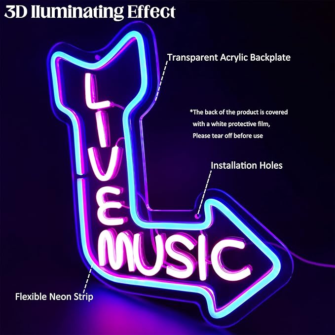Live Music Neon Signs for Wall Decor LED Word Light Sign Pink Blue Neon Light Up Letters Sign for Bedroom Music Studio Rec Room Game Party Decor