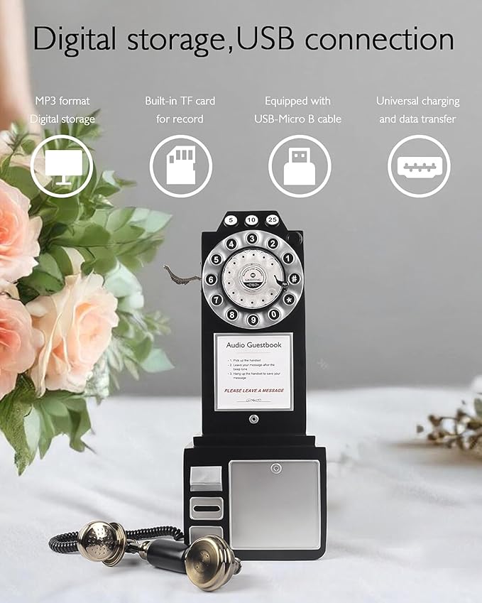 Audio Guest Book Wedding Phone with Vintage Design, Record Customized Audio Message Guest Book for Wedding, Party and Gathering, Black