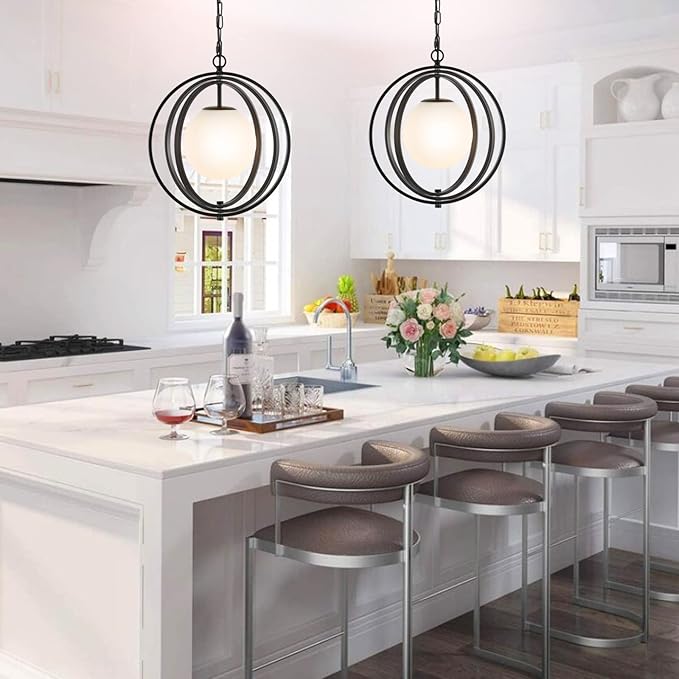 Black Orb Chandelier 1 Light Globe Pendant Light Fixtures White Globe Glass Shade Hanging Ceiling Light for Dining & Living Room, Bedroom, Foyer and Kitchen Island