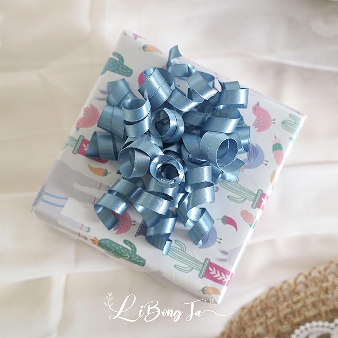 5'' Dusty Blue Bows Curly Ribbon Bows for Gift Wrapping, Satin Bows with Double-Sided Tape, Self Adhesive Bows for Party, Wedding, Birthday Decor, Premade Bows for Crafts, Wine Glasses-8 PCs