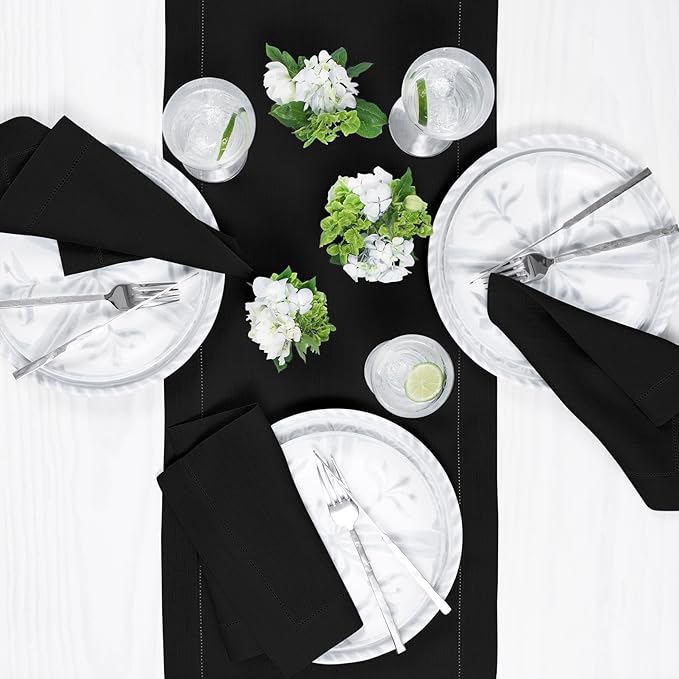 Solino Home Linen Black Table Runner 72 Inches Long - 100% Pure Linen Hemstitch Table Runner 14 x 72 Inch for Dresser, Dining, Fall, Autumn, Halloween, Thanksgiving, Holiday - Classic Hemstitch