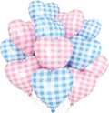 Pink Blue Checkered Heart Balloons,12Pcs 18Inch Blue Pink Grid Heart Shaped Foil Helium Polyester Film Balloons for One Silly Goose Birthday Baby Shower Party Decorations