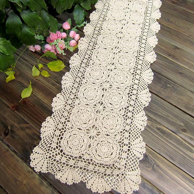 KEPSWET Cotton Handmade Crochet Lace Table Runner Beige Rectangle Coffee Table Dresser Decor (14x72 inch)