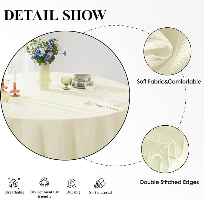 Round Tablecloth 132 Inch 10 Pack Ivory Tablecloths Washable Decorative Linen Polyester Table Clothes Cover for Dining Table Banquets Buffet Parties and Wedding