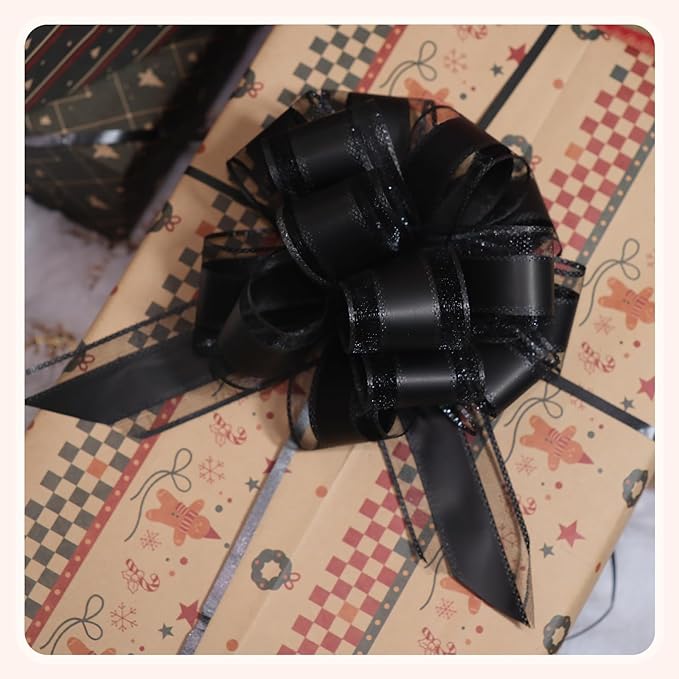 6 PCS 6 Inch Organza Black Pull Bows - Perfect for Gift Wrapping, Wedding Decor, Car Bows, Birthday Parties, Christmas, and Valentine's Day