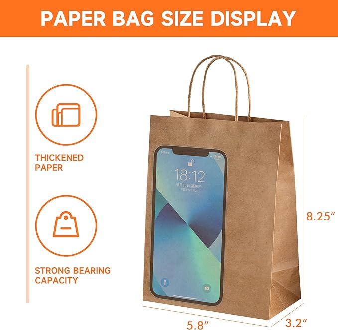 METAPRINT Brown Paper Gift Bags with Handles in Bulk,100 Pack 5.8x3.2x8.25 Inch Small Kraft Paper Bags for Birthday, Party Favors, Grocery, Retail, Shopping, Business