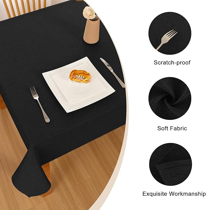 Hiasan Faux Linen Rectangle Tablecloth - Wrinkle and Stain Resistant Washable Table Cloth for Kitchen Dining Room Holiday Table Cover for Party Dinner, Black, 60 x 84 Inch