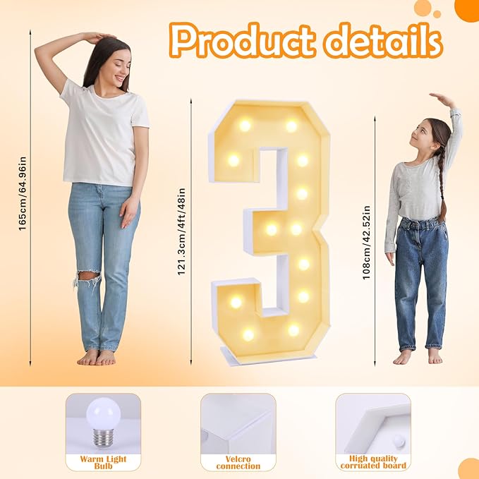 4ft Marquee for Numbers 3, Multifunctional Marquee for Numbers 4 Feet Tall, Number 3 Light up Sign, Light up Numbers for Party Decorations, Birthday, Anniversary Party Decor (Number 3)