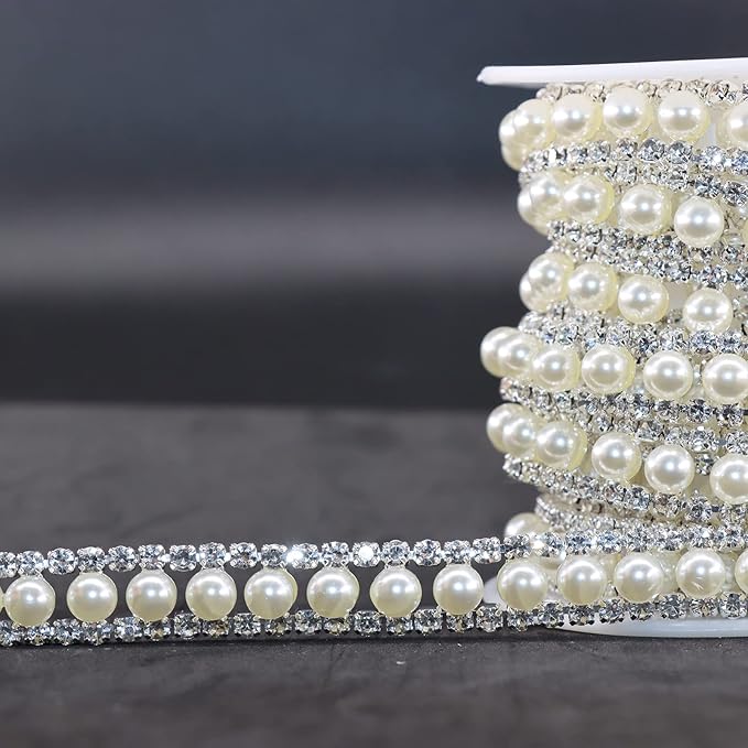 Jerler Rhinestone Trim Applique 2 Yards 2 Rows Crystal Chain Banding Diamond Inlaid White Pearl Beaded Rhinestones for Crafts Clothing and Bridal Embellishments Wedding Ideas Christmas Decorations