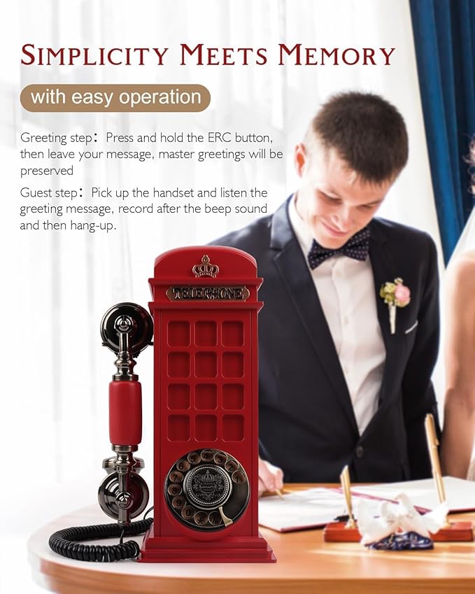 Audio Guest Book Wedding Phone with Vintage Phone Booth Design, Record Customized Audio Message Guest Book for Wedding, Party and Gathering, Red