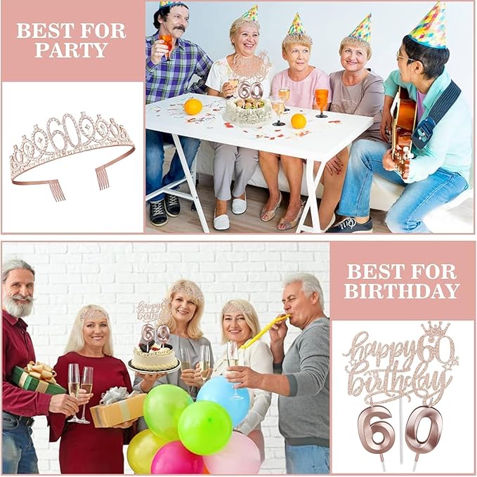 60th Birthday Decorations for Woman, Including 60th Birthday Sash and Crown, Cake Topper and Candles, 60 Year Old Gifts for Women