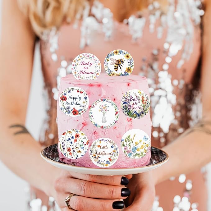 36PCS Edible Wildflower Cupcake Toppers Wafer Paper Baby in Bloom Baby Shower Decorations Flower Birthday Party Decorations Wildflower Cake Toppers for Birthday Party Supplies (Round)