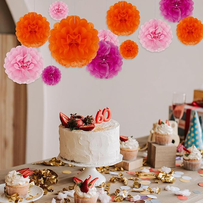 Tissue Paper Pom Poms, Pink,Orange,Fuchsia Tissue Paper Flowers, Hanging Flower Balls for Weddings Fiesta Parties Birthday Baby Showers Classroom Bridal Shower Decoration (18Piece Set-6/10/12/14Inch)