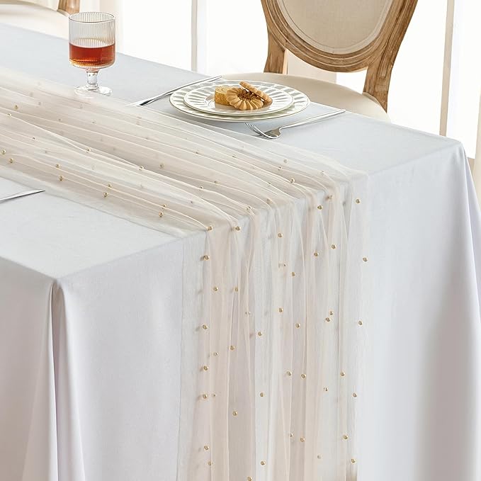 Fanami 1 Pack Pearl Table Runner -10FT Champagne Gold Boho Tulle Table Runners 120 Inches Long Rustic Sheer Lace Fabric Centerpieces for Wedding Arch Birthday Party Bridal Veil Baby Shower Decorations
