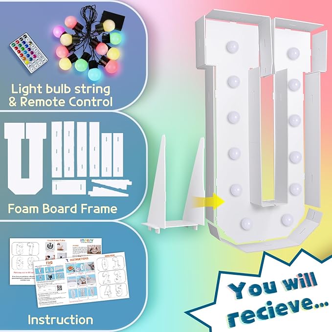 imprsv 4FT Colorful Marquee Light Up Letters U, 18 Colors Large Light up Letters Alphabet Sign with Remote, Large Marry Me Sign, Birthday Party Decorations Baby Shower Anniversary Wedding Decoration