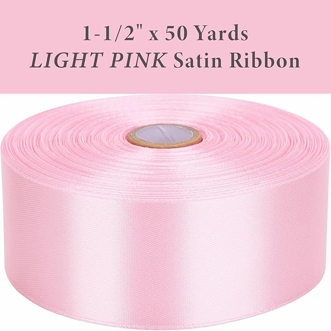 1-1/2" x 50 Yards Light Pink Satin Ribbon Single Faced Fabric Ribbons for Gift Wrapping, Crafting, Floral Arrangements, Flower Bouquet, Wedding, Home Decor
